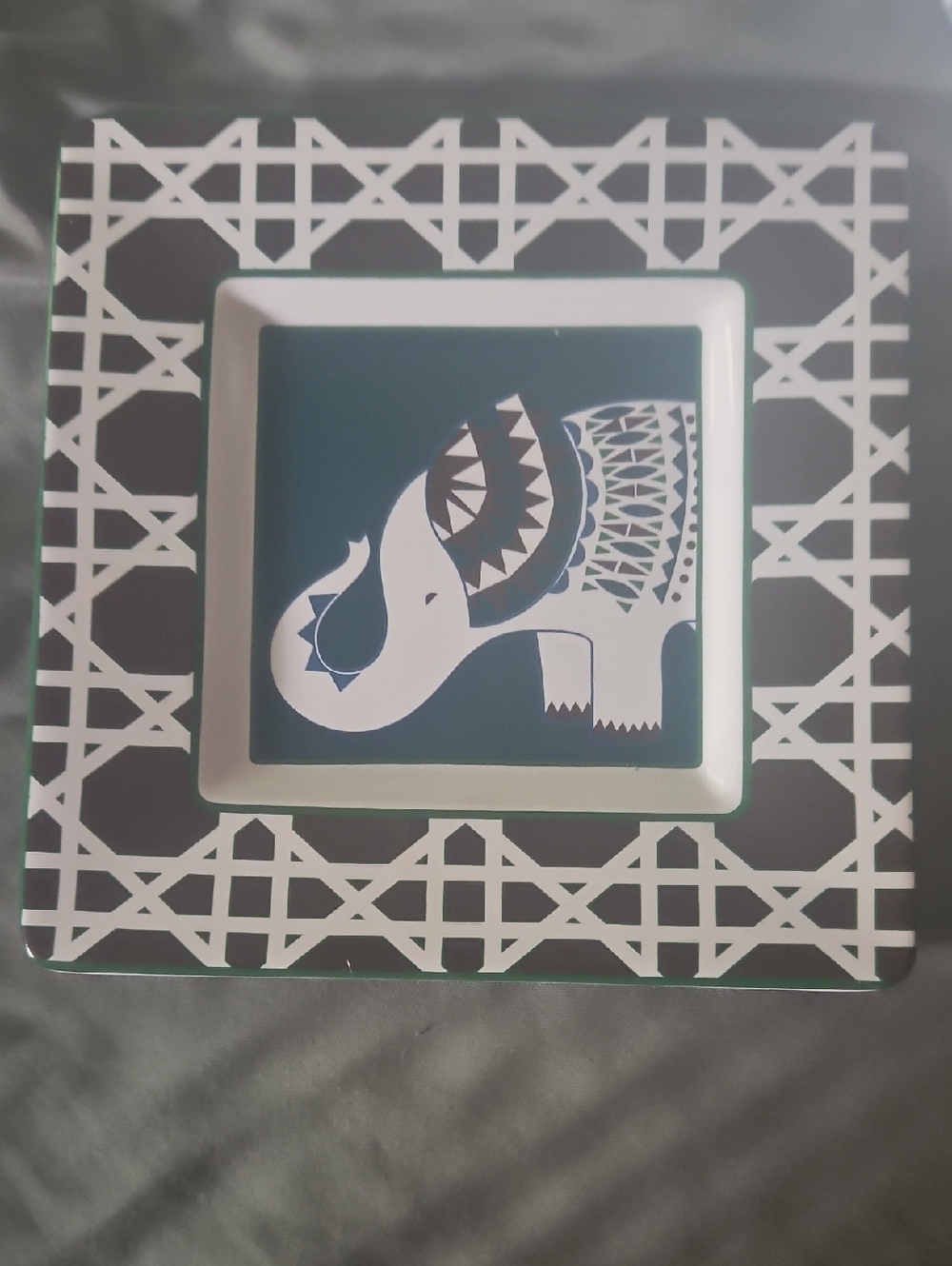 Happy Chic White and Teal Elephant Wall Art Plate/Trinket Dish - Home Wall Decor